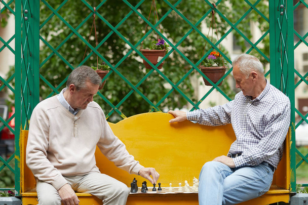 Два пожилых мужчины с серебристыми волосами играют в шахматы в зеленом цветущем саду, сидя на желтой скамейке
 - Фото, изображение