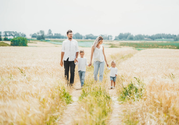 Family of four walking on the field in nature.  - Foto, afbeelding