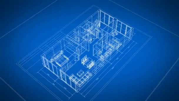 3D blauwdruk van abstracte appartementen met meubels draaien op blauw en wit naadloos. Looped 3D-animatie raster mesh. Bouw bedrijfs concept. 4k Ultra HD 3840x2160. - Video
