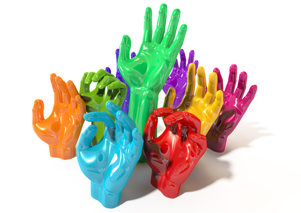 Mãos Coloridas Alcançando Skyward
 - Foto, Imagem