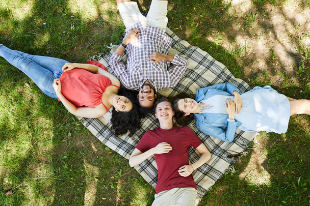oben Portrait einer Gruppe von Freunden, die auf einer Decke liegen, während sie Picknick auf grünem Gras genießen und in die Kamera schauen, Kopierraum - Foto, Bild
