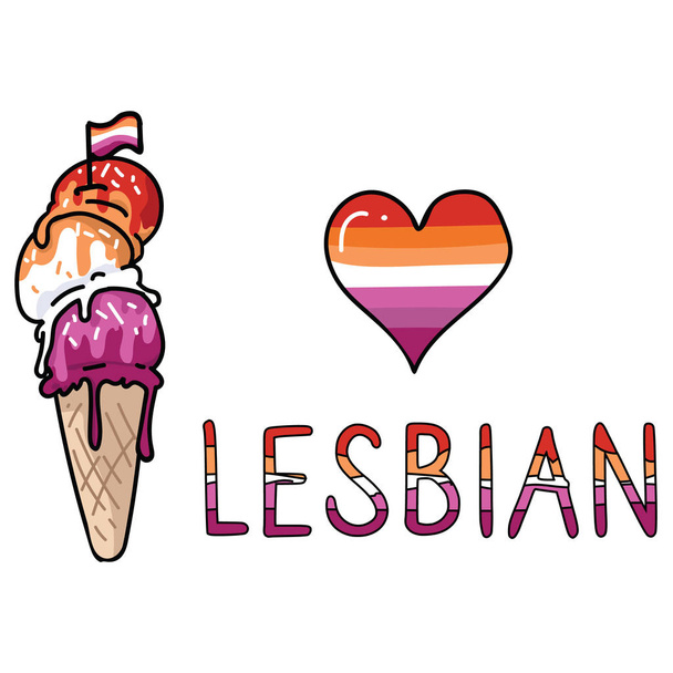Linda lesbiana helado cono dibujos animados vector ilustración motivo conjunto. Elementos LGBTQ dulces para el blog de orgullo. Gráfico tipográfico para botones web de verano
. - Vector, Imagen