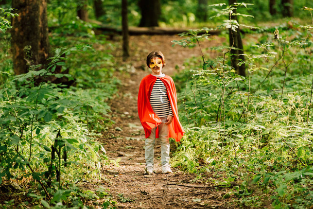 volledige lengte weergave van kleine jongen staande in superheld kostuum in bos op pad - Foto, afbeelding