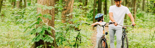 panoramic shot of father and son walking with bicycles in forest - Photo, Image