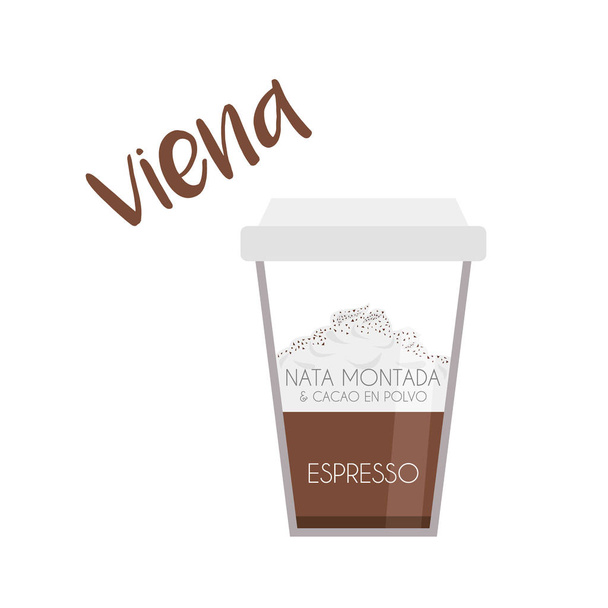 Vektorillustration einer Wiener Kaffeetasse mit ihrer Zubereitung sowie Proportionen und Namen in Spanisch. - Vektor, Bild
