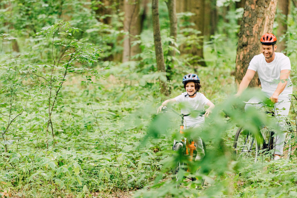 Ojciec i syn w kaskach jazda rowery wokół lasu - Zdjęcie, obraz