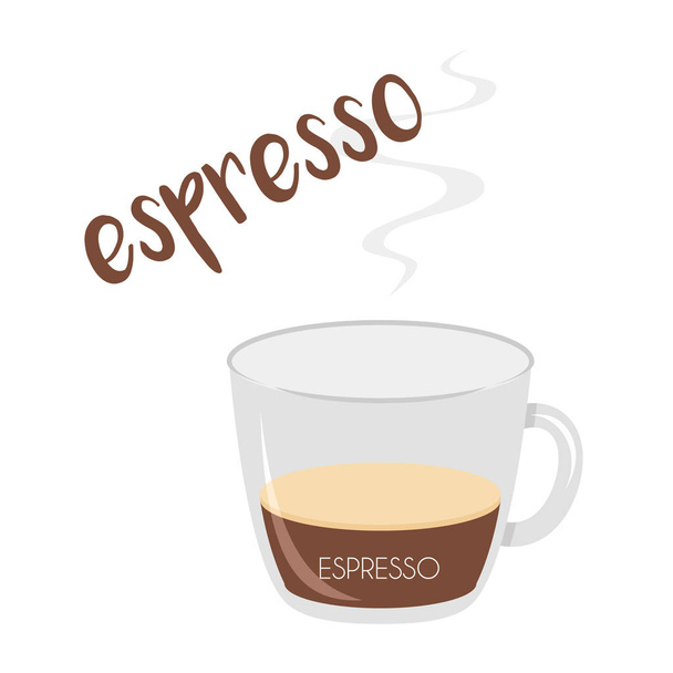 Ilustracja wektorowa ikony filiżanki kawy espresso wraz z jego przygotowaniem i proporcjami oraz nazwami w języku hiszpańskim. - Wektor, obraz