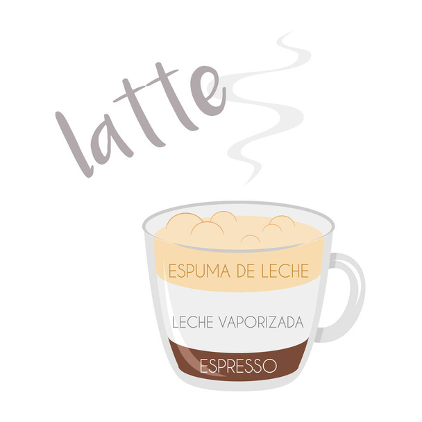 Vektor-Illustration eines Latte-Kaffeetasse-Symbols mit seiner Zubereitung sowie Proportionen und Namen in Spanisch. - Vektor, Bild