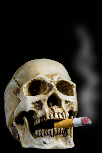Human skull smoking a cigarette on a black background. - Fotó, kép