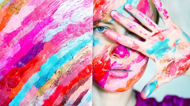 Artist woman concept. Paint on face of young woman artist - 写真・画像