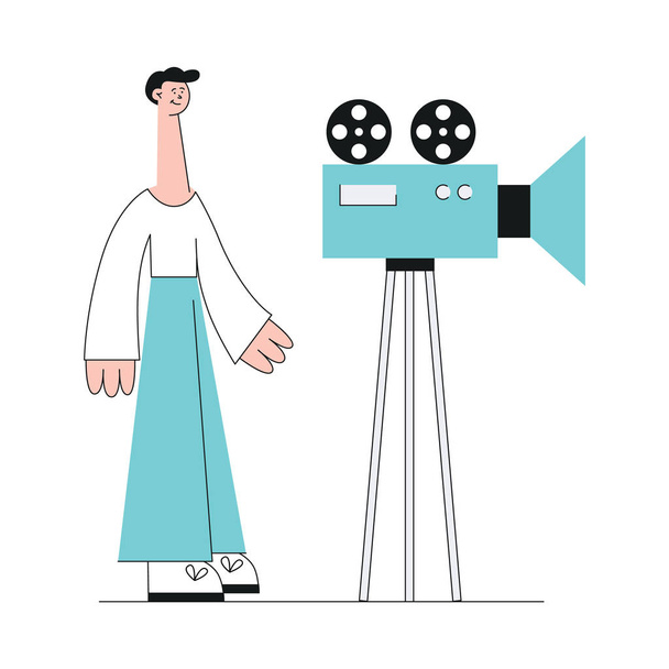 Un homme fait une vidéo ou un film avec la caméra. Concept web de marketing vidéo
. - Vecteur, image