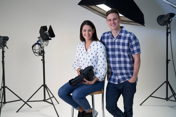 Portrait Of Female And Male Photographers In Studio For Photo Sh - Fotoğraf, Görsel