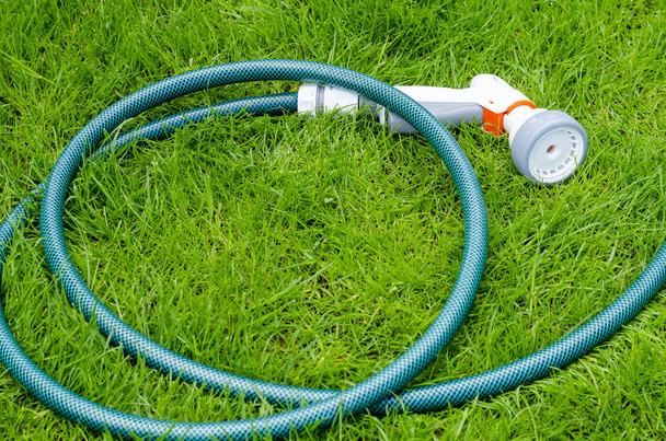 Зеленый шланг для полива лежит на траве, газоне
 - Фото, изображение
