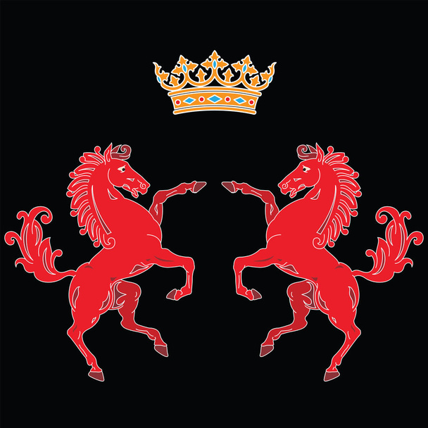 Twee opfok rode paarden silhouetten met koning kroon heraldische s - Vector, afbeelding