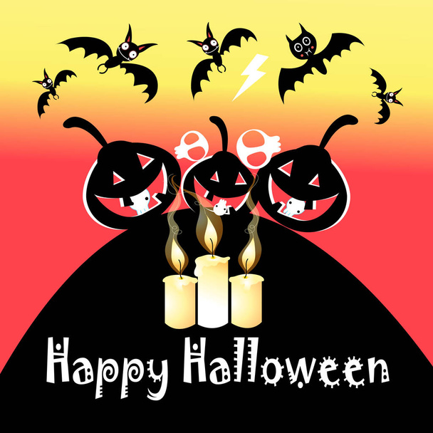 Halloween festive greeting vector card with pumpkins and bats - Vector, Image
