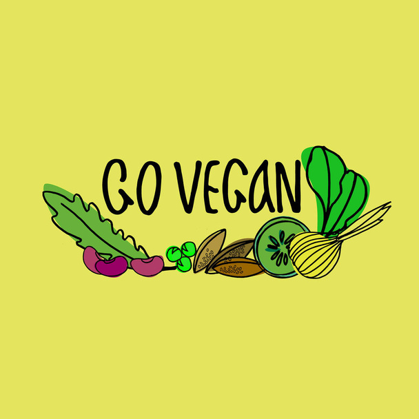 Hand drawn vector illustration for veganism popularization, vegan restaurants and farm markets promotion - Vector, Imagen