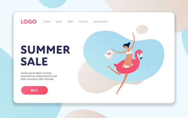 Vector sale woman person banner template. Beach theme. Modern style flat happy female character in swimsuit a bag on fluid shape background. Design for summer shopping sale event, flyer, offer, promo. - Vector, Image