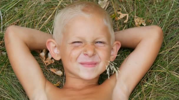 Retrato de un niño rubio guapo divertido de cinco años con una cara sucia tumbado en la hierba con las manos detrás de la cabeza y masticando una paja en la aldea en el día de verano
 - Imágenes, Vídeo