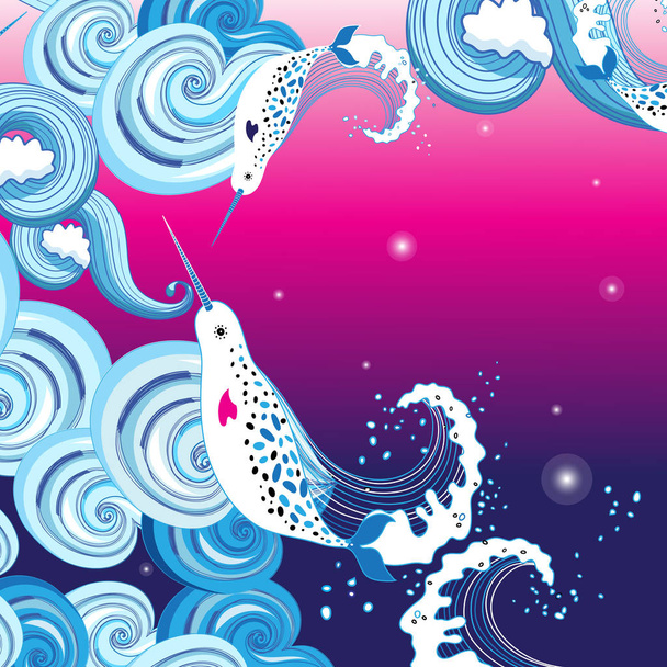 Vector beautiful background with sea waves and narwhals on lilac background. - Вектор,изображение
