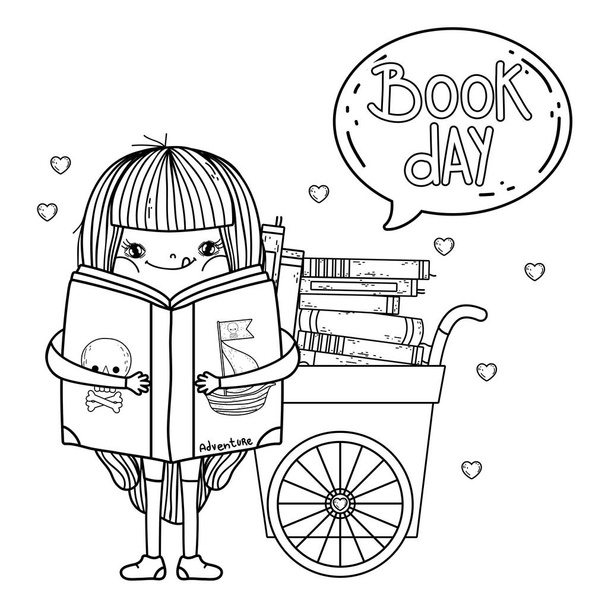 felice bambina che legge libri con carrello e bolla vocale
 - Vettoriali, immagini