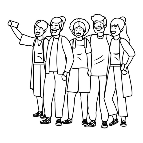 Χιλιετία μεγάλη ομάδα λήψη selfie μαύρο και άσπρο - Διάνυσμα, εικόνα
