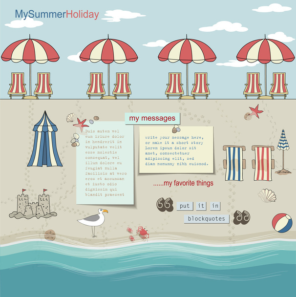 Filas de sombrillas rojas y blancas en una playa de arena junto al mar, con tumbonas
 - Vector, imagen