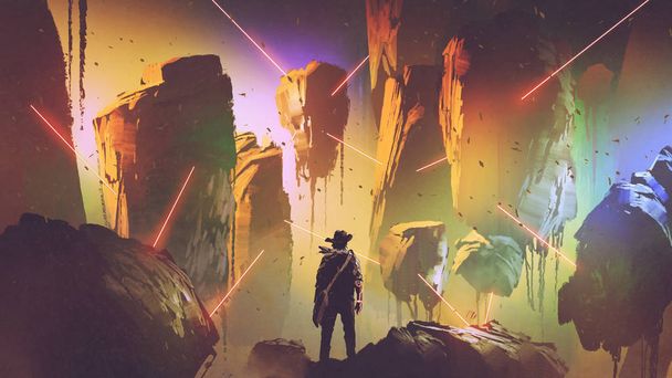 futuristic adventurer looking at the laser trap in floating rocks, digital art style, illustration painting - Photo, Image