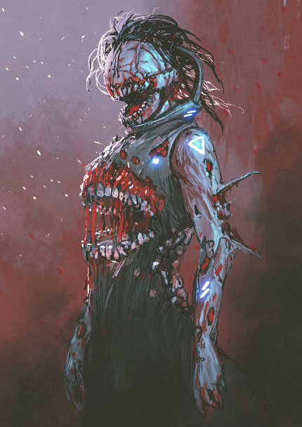 griezelig zombie met bloedige mond in het midden van lichaam, digitale kunststijl, illustratie schilderij - Foto, afbeelding