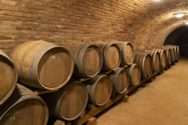 wine barrels in the cellar, Szekszard, Hungary - Photo, Image
