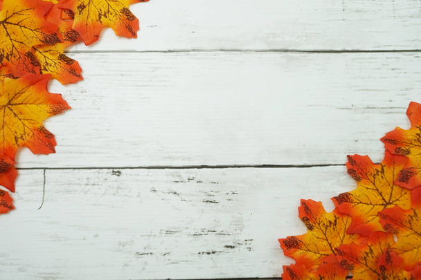 Orange Maple Autumn leaf border with space copy over on white background - Photo, Image