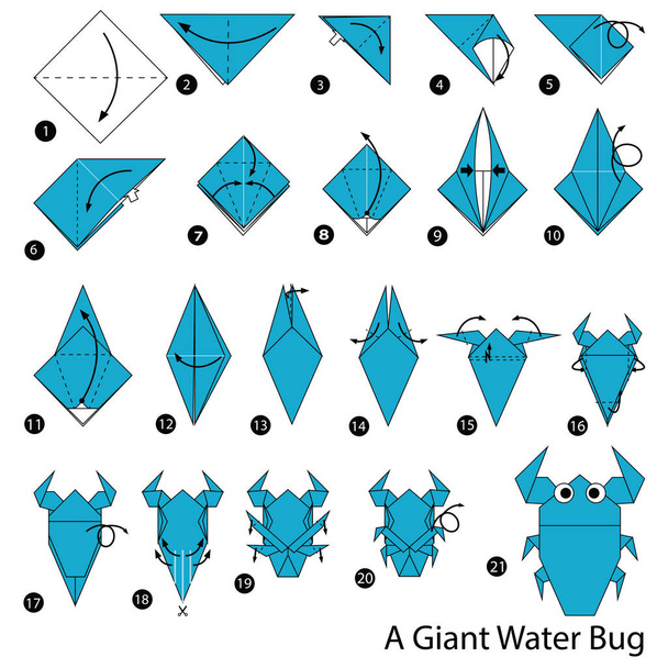 Schritt für Schritt Anleitung, wie man Origami zu einem riesigen Wasserkäfer macht - Foto, Bild