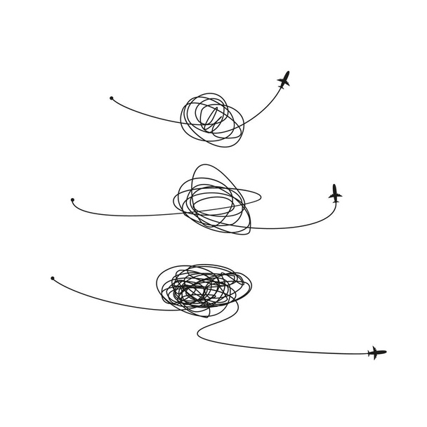 Zestaw symboli skomplikowany sposób z nabazgrane okrągły element, znak chaosu, przekazać sposób liniowy strzałka z klejem lub splątanie piłkę w środku. Ilustracja wektora. Izolacja na białym tle - Wektor, obraz