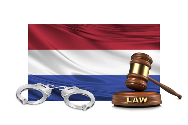 Wooden Gavel, giudice Hammer con manette su Netherlands Flag for Law Concept - 3d Illustration - Foto, immagini