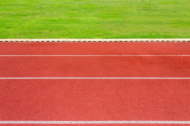 White lines of stadium and texture of running racetrack red rubber racetracks in outdoor stadium are 8 track and green grass field,empty athletics stadium with track,football field, soccer field. - 写真・画像