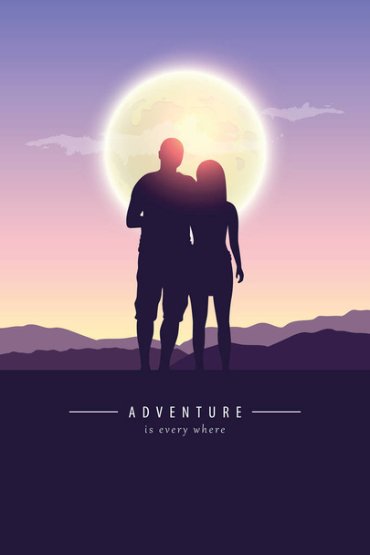 couple in love silhouette by full moon adventure design - Vector, Image