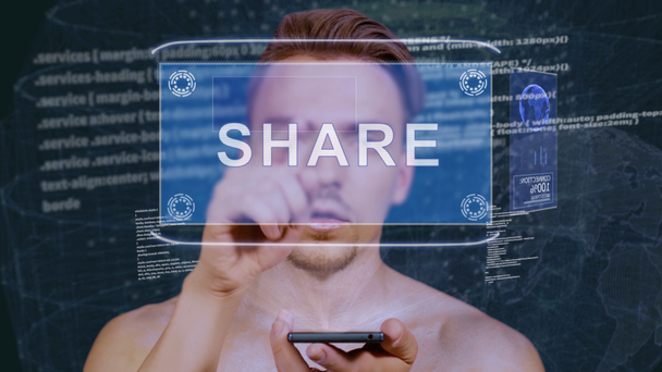 Guy interactúa HUD holograma Compartir
 - Imágenes, Vídeo