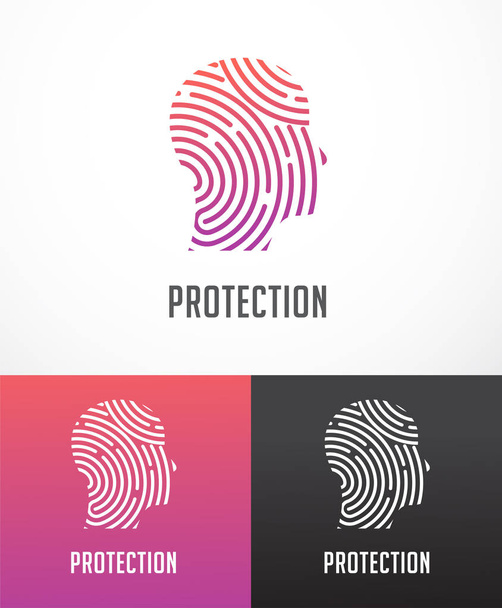 Logotipo de escaneo de huellas dactilares, privacidad, seguridad cibernética, cabeza de persona, información de identidad y protección de red. Icono del vector
 - Vector, imagen