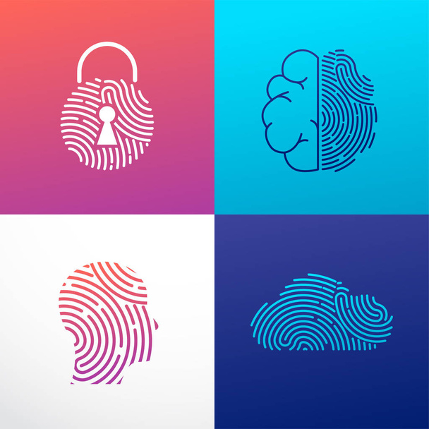 Отпечатки пальцев сканируют логотип, конфиденциальность, кибербезопасность, идентификационную информацию и сетевую защиту. Человек голову, мозг, облако и замок значки. Значок вектора
 - Вектор,изображение