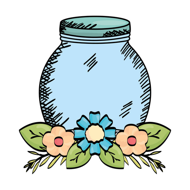 mason jar glass with lid and flowers drawing - Vector, Image