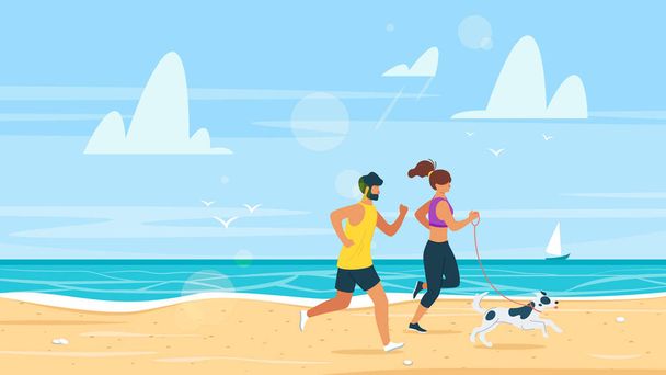 Ζευγάρι που τρέχουν στην παραλία το καλοκαίρι απεικόνιση διανύσματος - Διάνυσμα, εικόνα