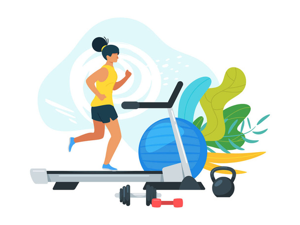 Sportswoman courir sur tapis roulant dessin animé illustration
 - Vecteur, image