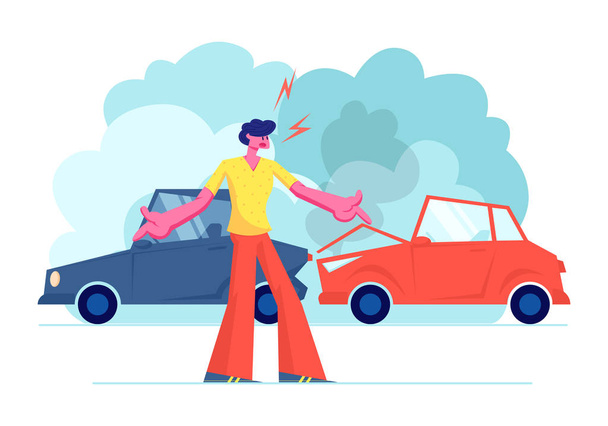 Автомобильная авария на дороге, Злой водитель Мужской персонаж споря стоя на обочине с аварийными автомобилями. Страховая ситуация, житель города страдает в дорожном движении, поломка мультфильма плоские векторные иллюстрации
 - Вектор,изображение
