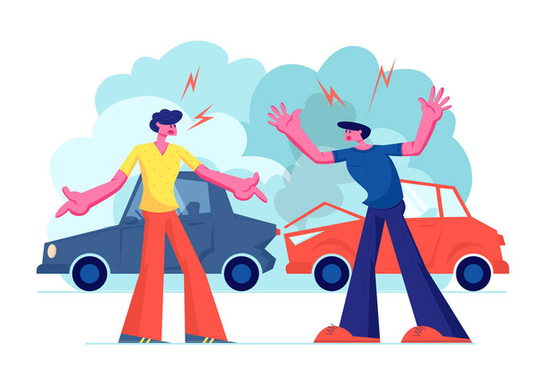 Автомобільна аварія на дорозі, пара водіїв Чоловічий персонаж, що сперечаються стоїть на узбіччі в аварійних автомобілях. Страхова ситуація, міські мешканці постраждали від трафіку, мультфільм плоска векторна ілюстрація
 - Вектор, зображення