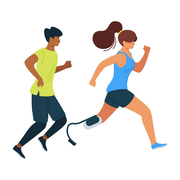 Vammainen nainen juokseva mies urheilija litteä vektori kuva
 - Vektori, kuva