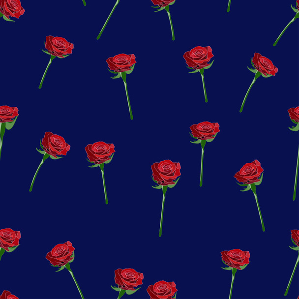 Red rose wide buttons on the stem vector seamless pattern on a dark-blue background. - Vektor, obrázek