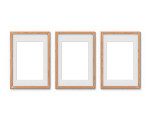 Conjunto de 3 marcos verticales de madera maqueta con un borde colgando en la pared. Base vacía para imagen o texto. Renderizado 3D
. - Foto, Imagen