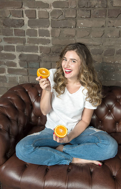 Young happy laughing woman Cheerful girl fruit Healthy eating  - Фото, зображення