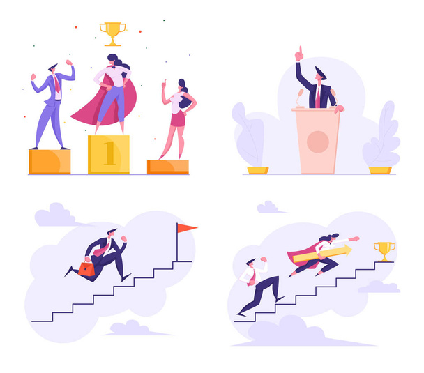 Candidate on Tribune Dispute Political Debates, Business People on Winner Podium, Super Hero Manager, Business Challenge, Race Upstairs, Goal Achievement, Office Life. Cartoon Flat Vector Illustration - Vector, Image