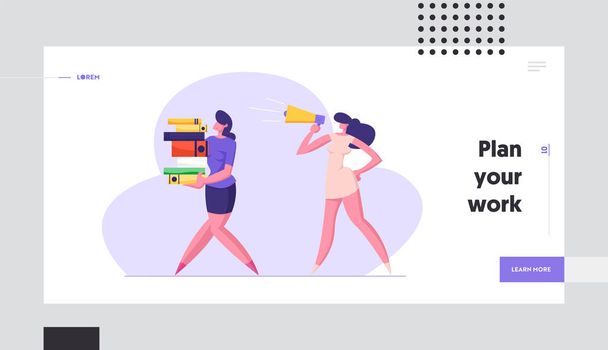 Businesswoman Yelling in Loudspeaker on Woman Office Worker Carrying Big Steak of Document Files. Deadline, Overwork Manager Website Landing Page, Web Page. Cartoon Flat Vector Illustration, Banner - Vector, Image