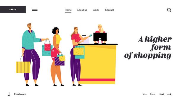 Shopping Queue in Supermarket, Customer Characters with Goods in Bags Stand at Cashier Desk Paying for Purchases, Consumerism Website Landing Page, Web Page. Cartoon Flat Vector Illustration, Banner - Vector, Image